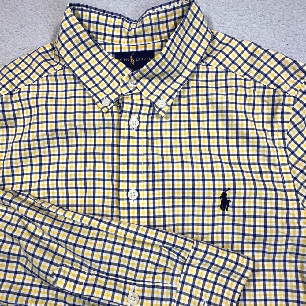 Ralph Lauren Button Down Shirt Kids M 10-12 Yellow Blue Gingham Check Pony Plaid